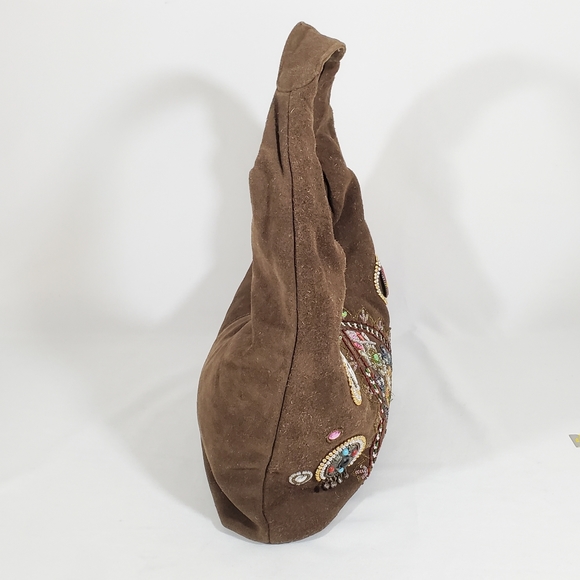 Dark Brown Suede Fuzzy Suede Leather Shoulder Handbag Hobo Boho Hippy Chic Zip - Picture 6 of 16